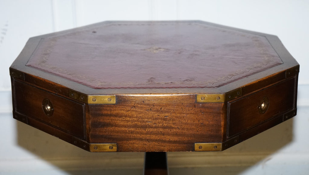 REVOLVING MILITARY CAMPAIGN BURGUNDY LEATHER DRUM SIDE END TABLE BEVAN FUNNELL