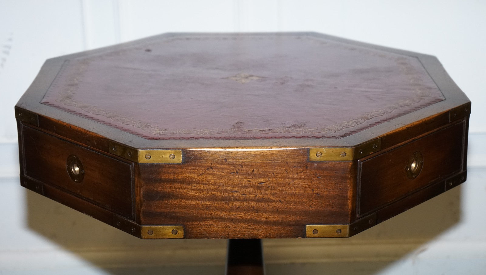 REVOLVING MILITARY CAMPAIGN BURGUNDY LEATHER DRUM SIDE END TABLE BEVAN FUNNELL