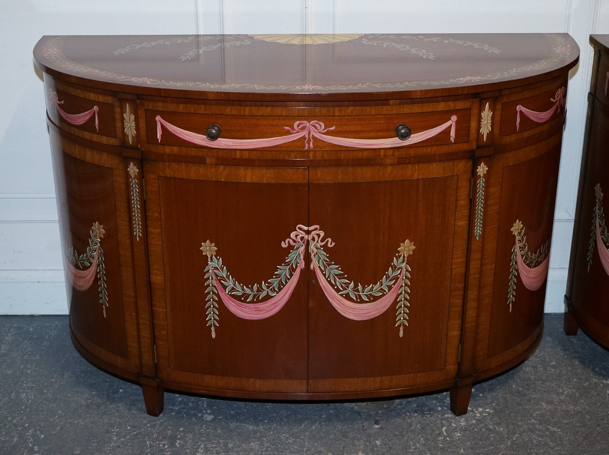 FINE SUBSTANTIAL PAIR OF HAND PAINTED DEMI LUNE SHERATON STYLE CONSOLE CABINETS