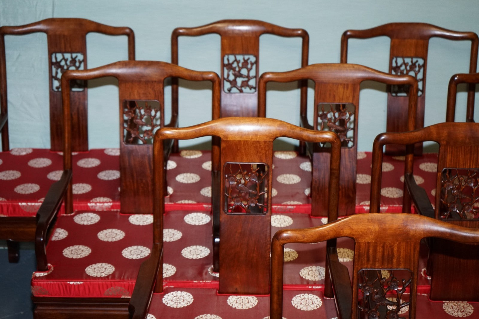 SET OF TEN VINTAGE ORIENTAL CHINESE HARDWOOD CARVER DINING ARMCHAIRS W/ CUSHIONS