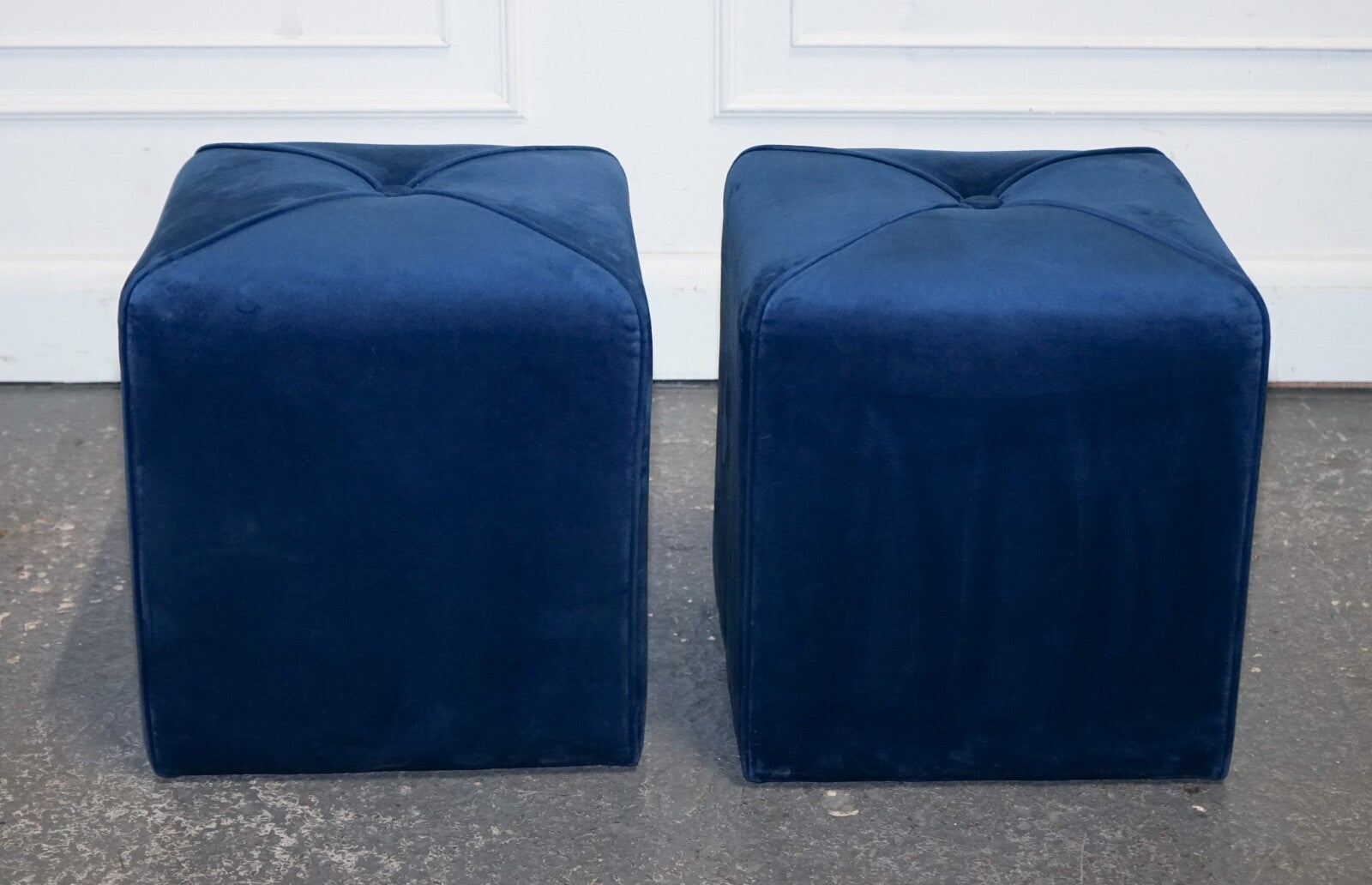 EX SHOWROOM ART DECO STYLE PAIR OF BLUE VELVET TOUCH FABRIC BLUE STOOLS