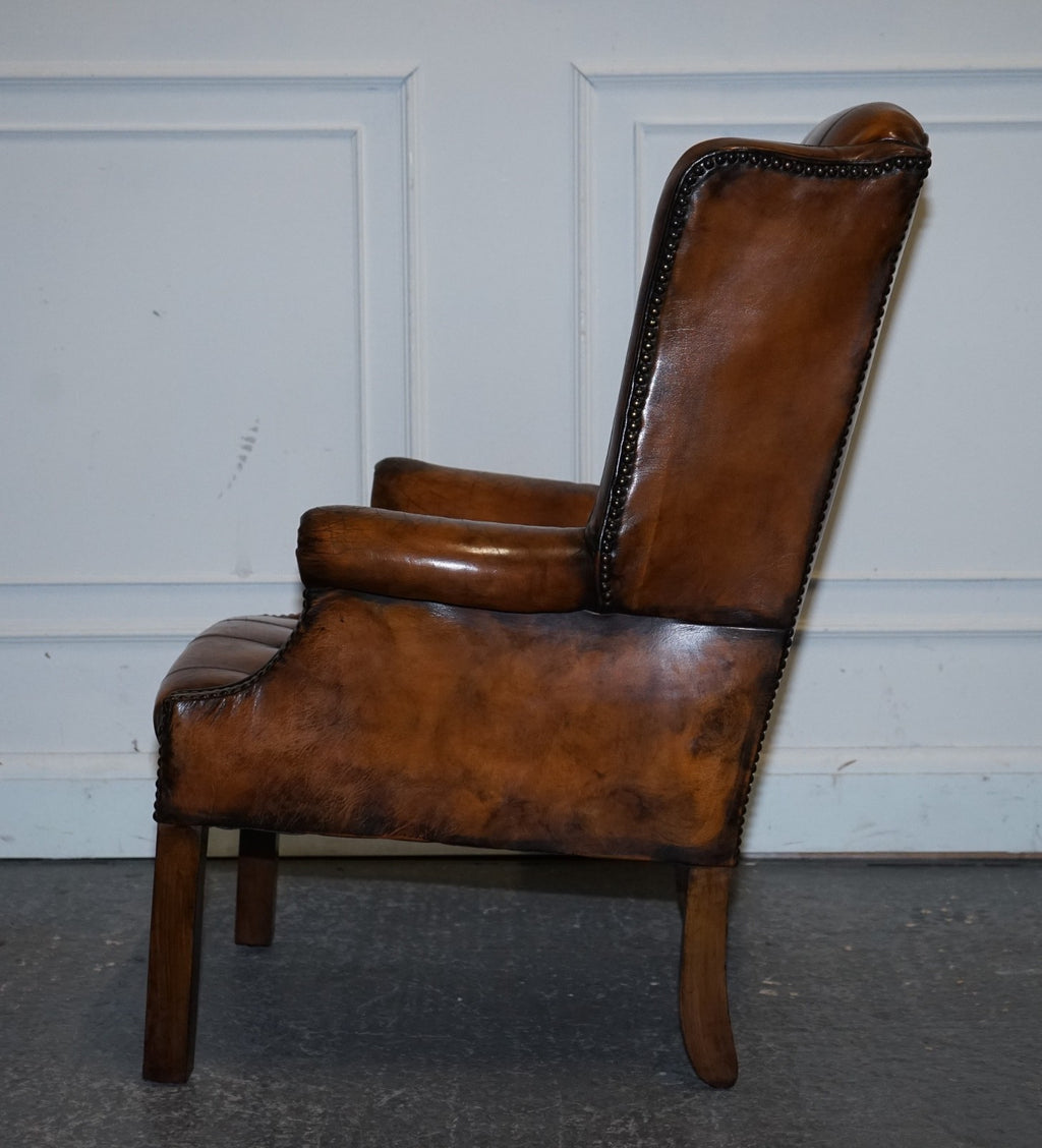 STUNNING 1960'S HAND DYED BROWN LEATHER CHESTERFIELD WINGBACK ARMCHAIRS