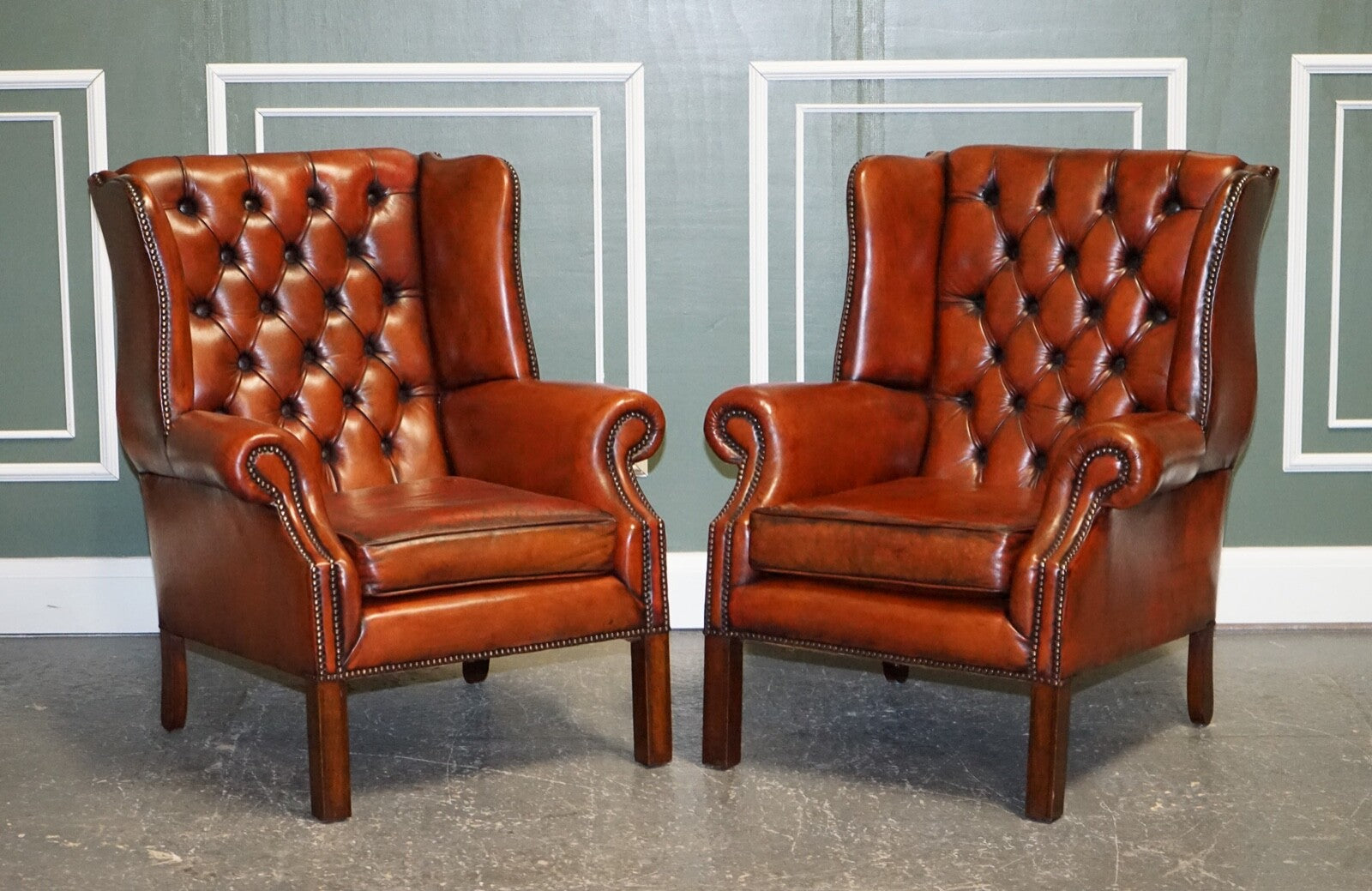 STUNNING PAIR OF BURGUNDY BROWN LEATHER HAND DYED WINGBACK CHAIRS
