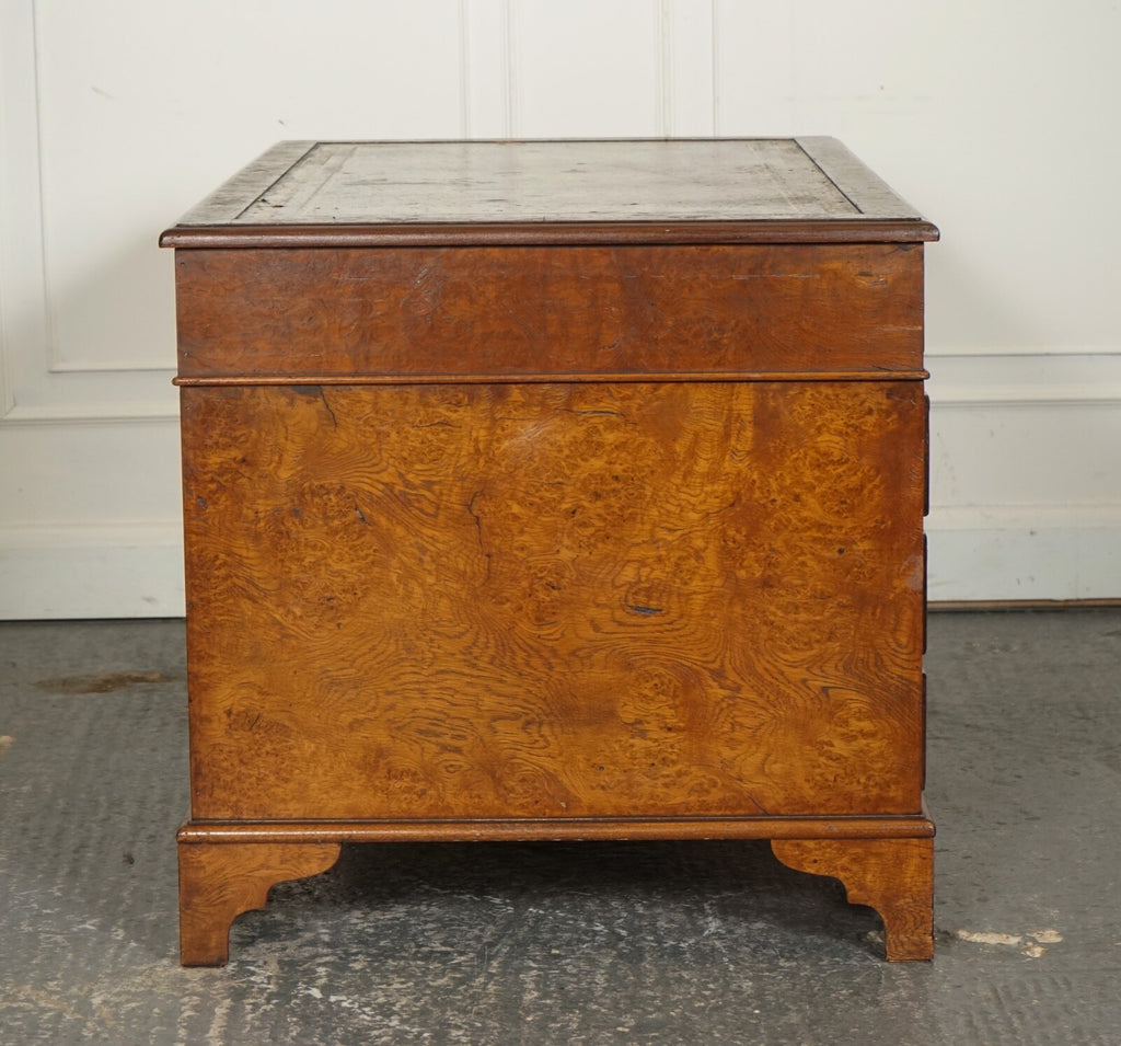 VINTAGE BURR WALNUT TWIN PEDESTAL BROWN LEATHER TOP DESK GOLD EMBOSSED TOOLING