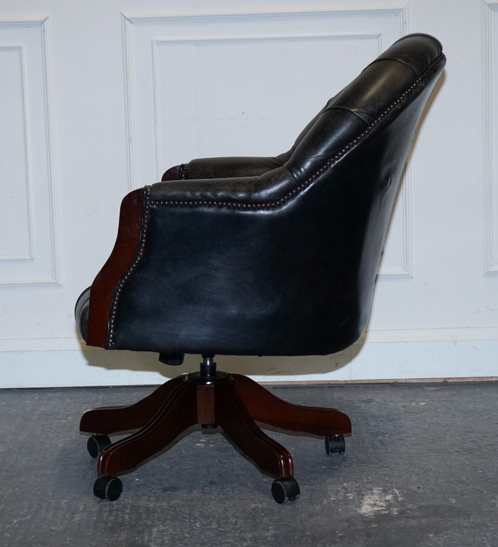 VINTAGE CHESTERFIELD DARK AGED GREY LEATHER DIRECTORS SWIFEL CAPTAINS CHAIR