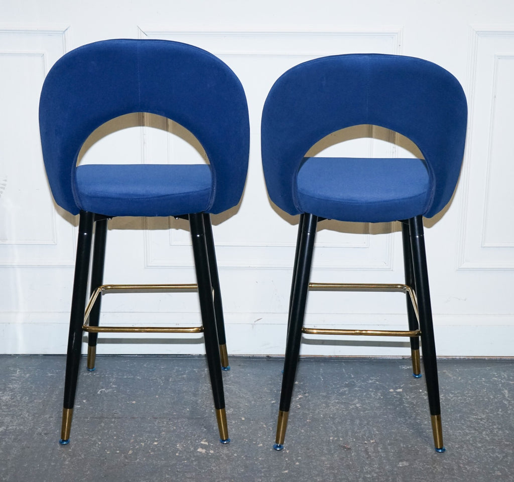 BEAUTIFUL PAIR OF BLUE VELVET BAR CHAIRS WITH GOLD DETAIL ON THE FRAME