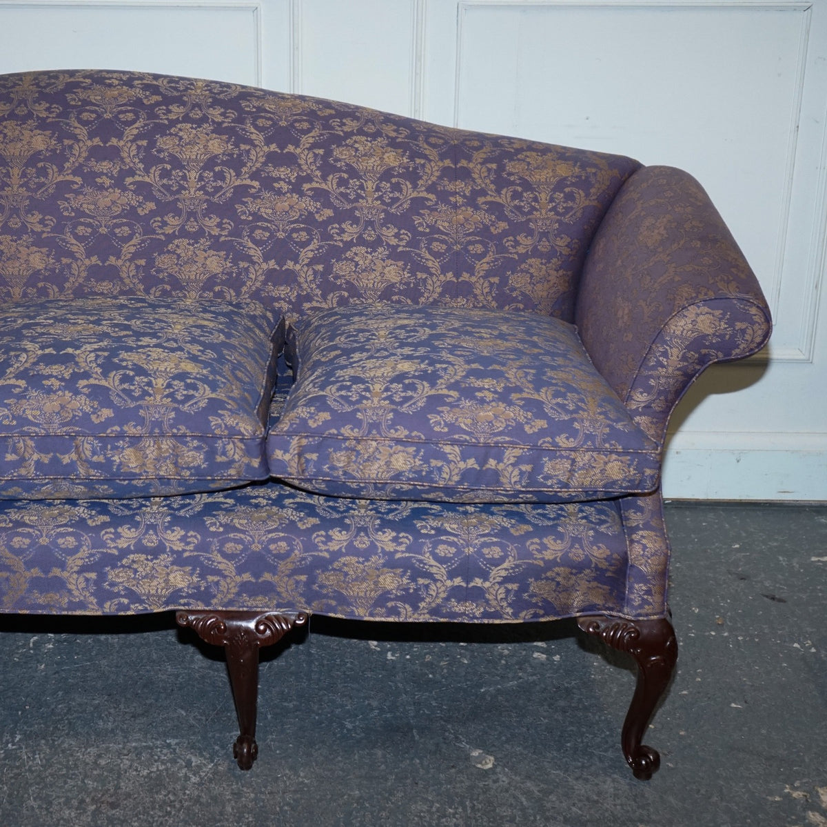 ANTIQUE ENGLISH COUNTRY HOUSE CHIPPENDALE CAMEL BACK FABRIC THREE SEATER SOFA