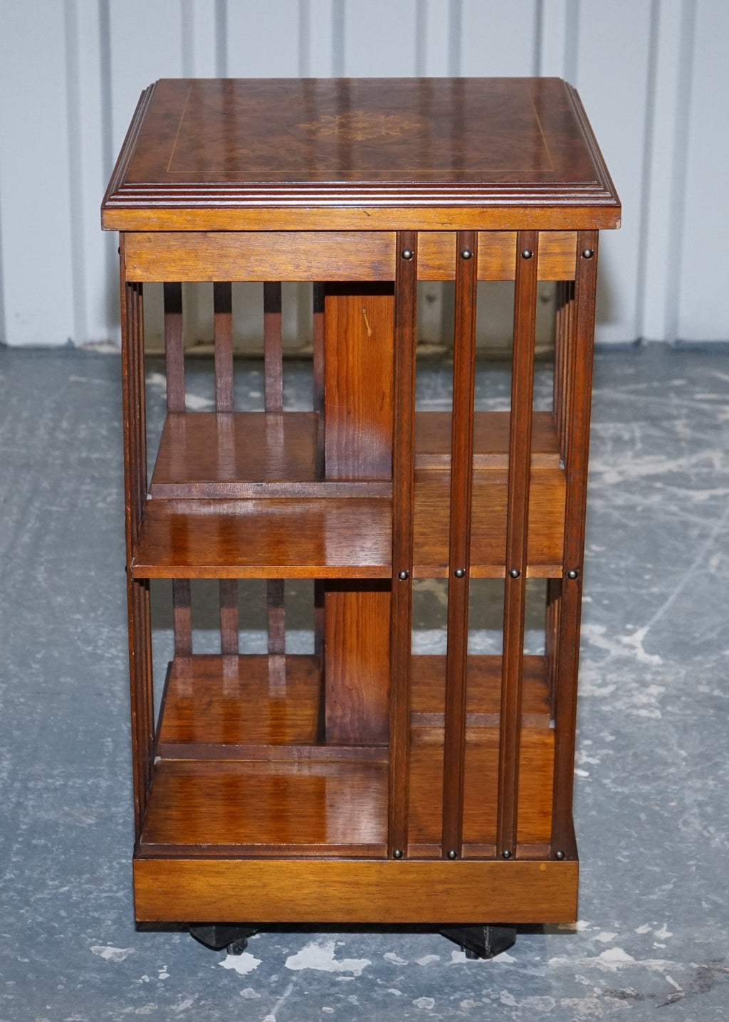 VINTAGE BURR WALNUT TOP REVOLVING BOOKCASE RAISED ON CASTORS