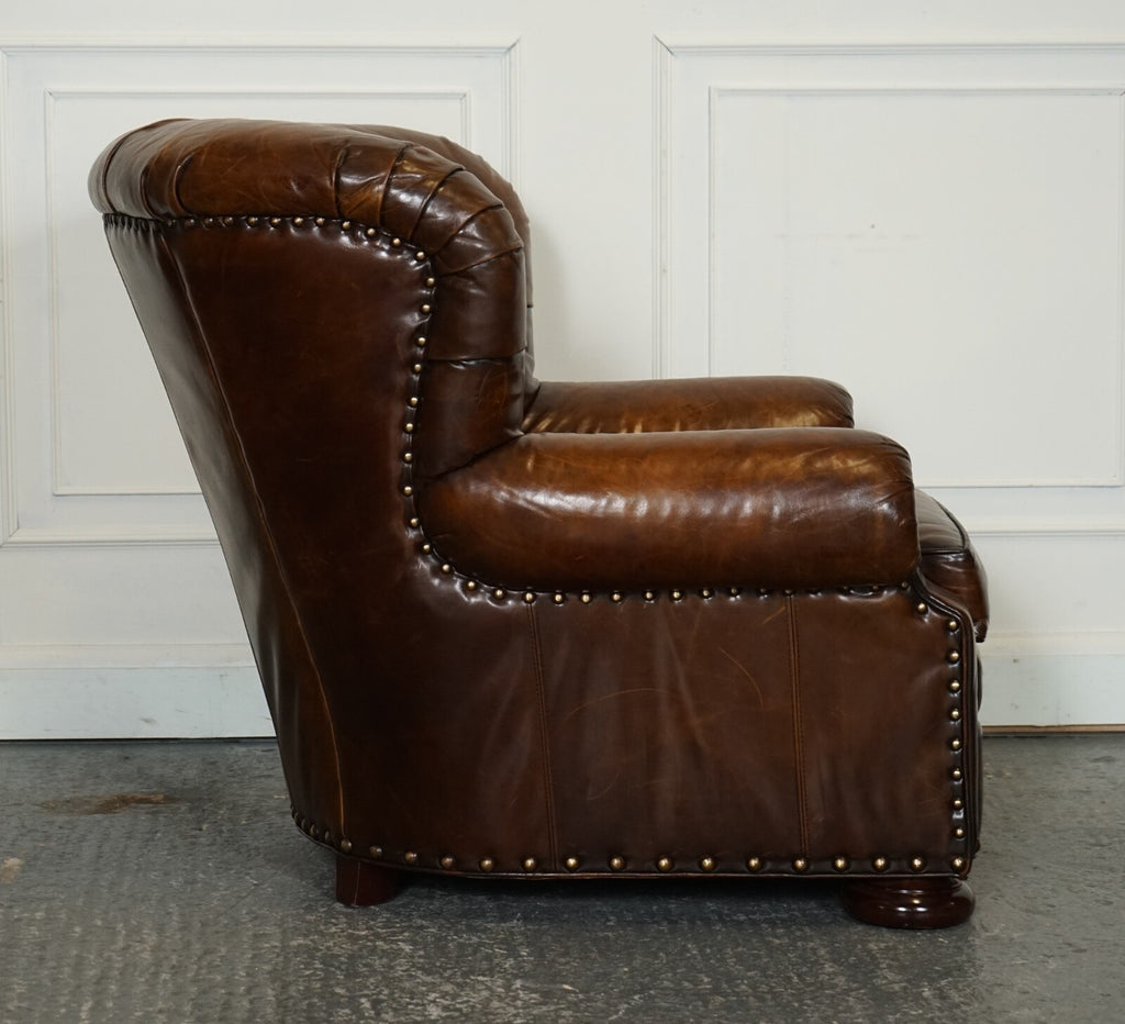 FULLY RESTORED HAND DYED LEATHER WRITERS READING ARMCHAIR WITH FOOTSTOOL