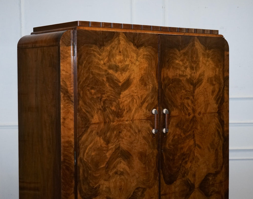 STUNNING ART DECO 1920 LARGE BURR WALNUT TWO DOOR WARDROBE OR AMOIRE