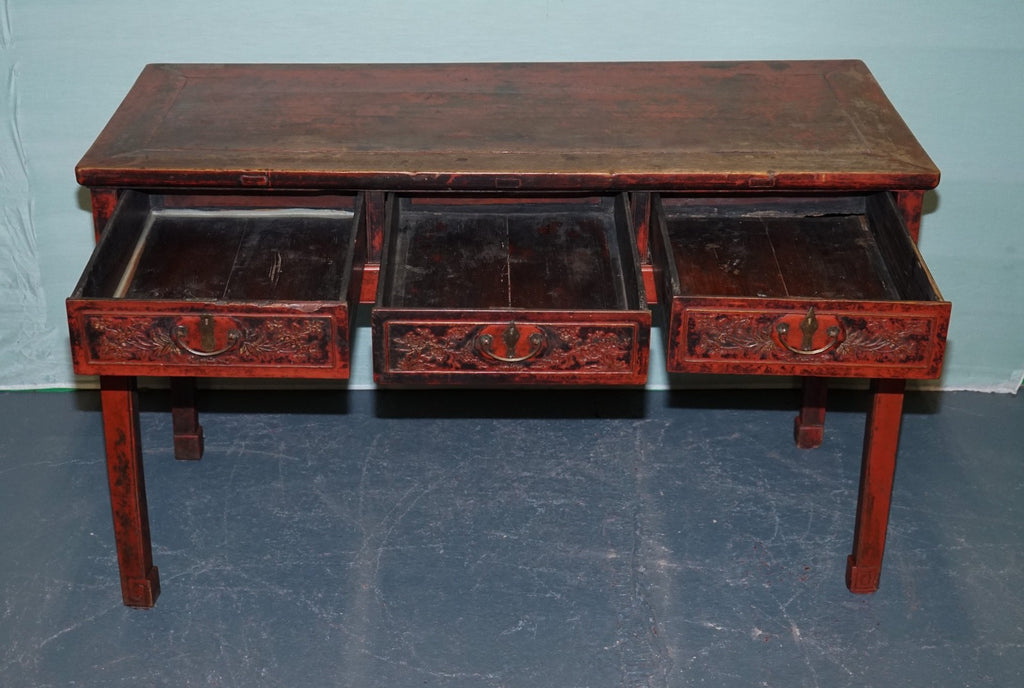 1800 ANTIQUE QING DYNASTY LACQUERED ORIENTAL CHINESE CONSOLE TABLE CARVED FLORAL