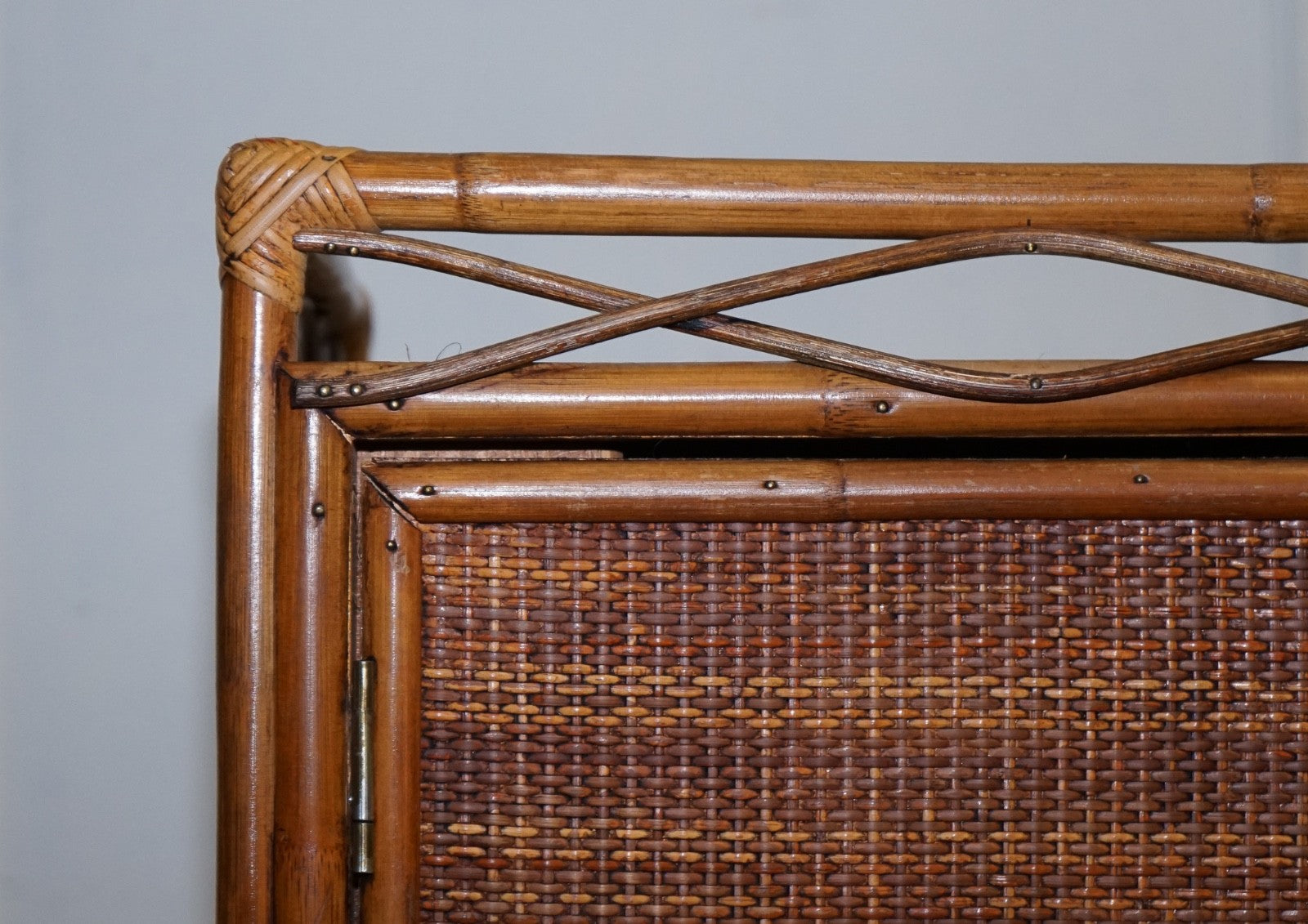 VINTAGE RATTAN AND CANE TWO DOOR AMOIRE OR WARDROBE WITH ONE DRAWER