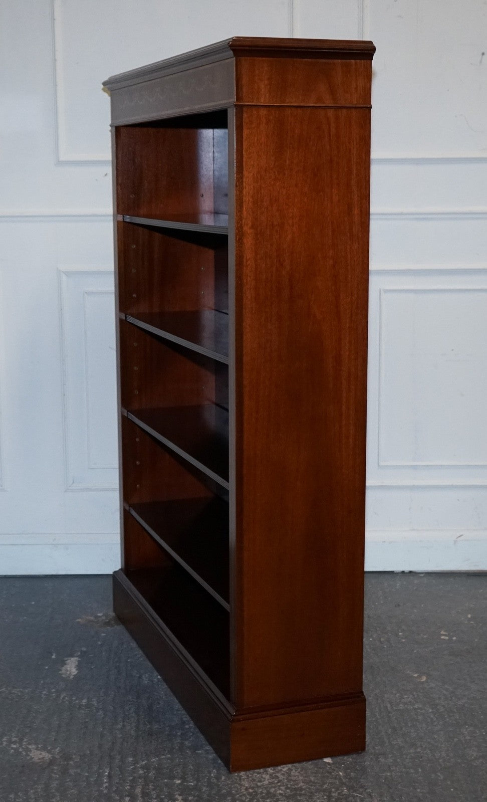 LARGE VINTAGE EDWARDIAN STYLE INLAID SHERATON OPEN BOOKCASE ADJUSTABLE SHELVES