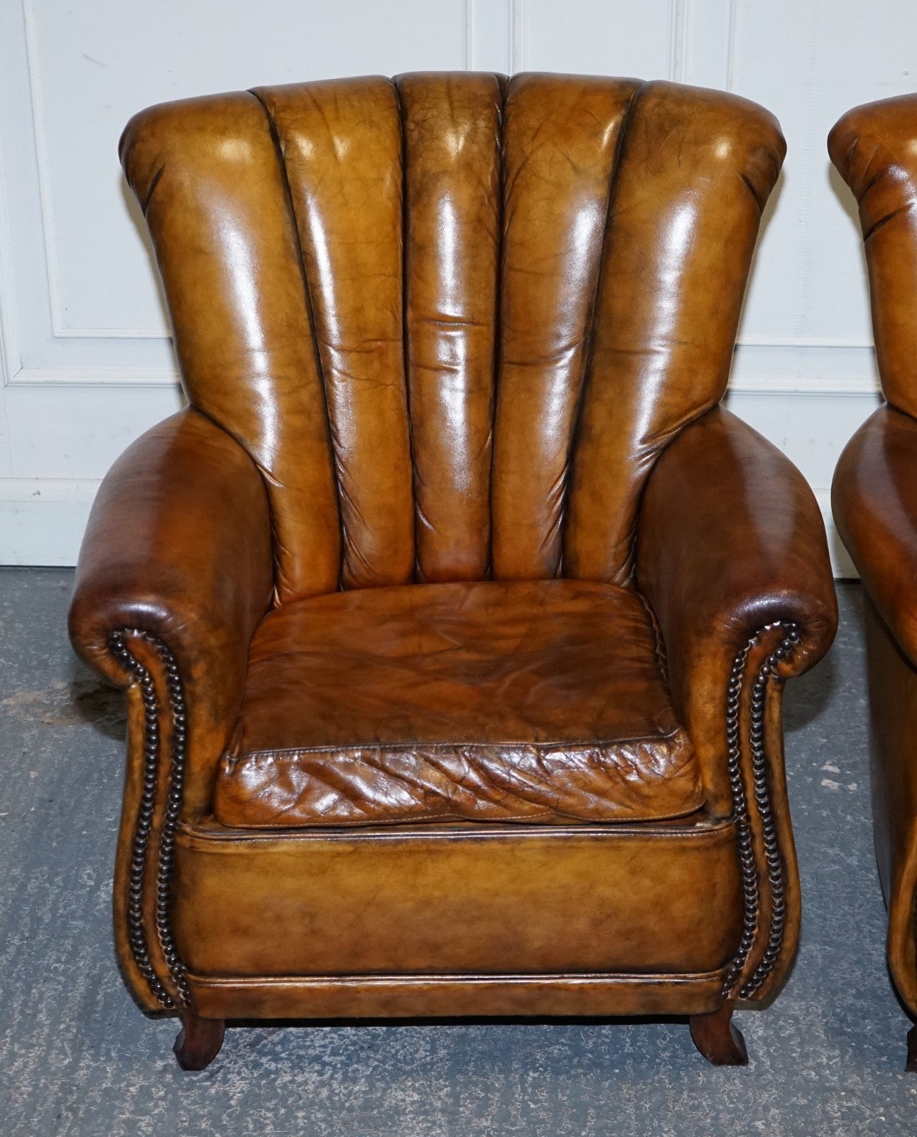 VINTAGE PAIR OF ART DECO STYLE HAND DYED LEATHER SHELL ARM CHAIRS