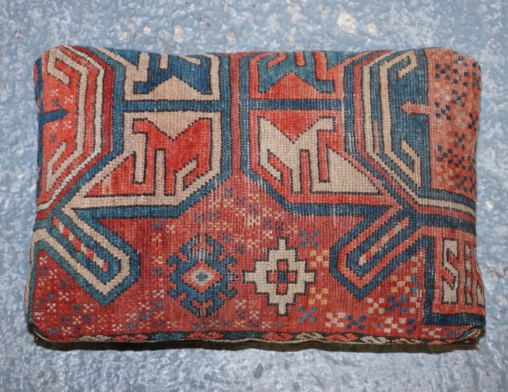 ANTIQUE KILIM TRIBAL RUG UPHOLSTERED FOOTSTOOL RAISED ON BUN FEET WITH STUDS