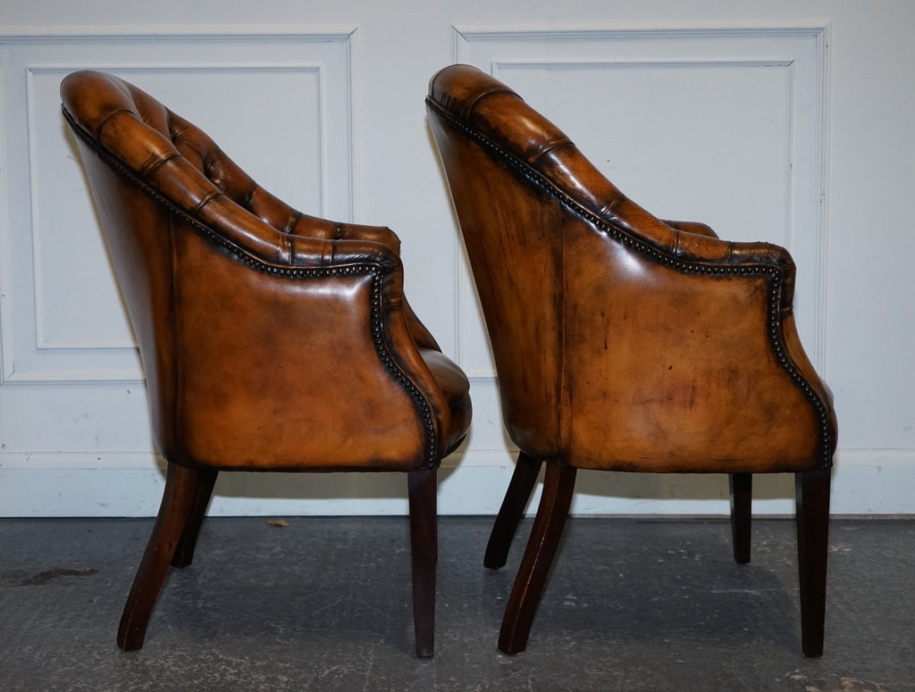 SET OF FOUR ENGLISH CHESTERFIELD HAND DYED LEATHER OFFICE LIBRARY TUB CHAIRS