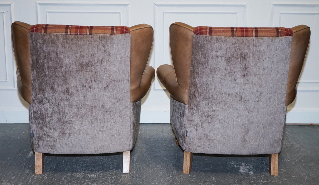 STUNNING PAIR OF  ALEXANDER & JAMES LAWRENCE LEATHER & FABRIC WINGBACK ARMCHAIRS