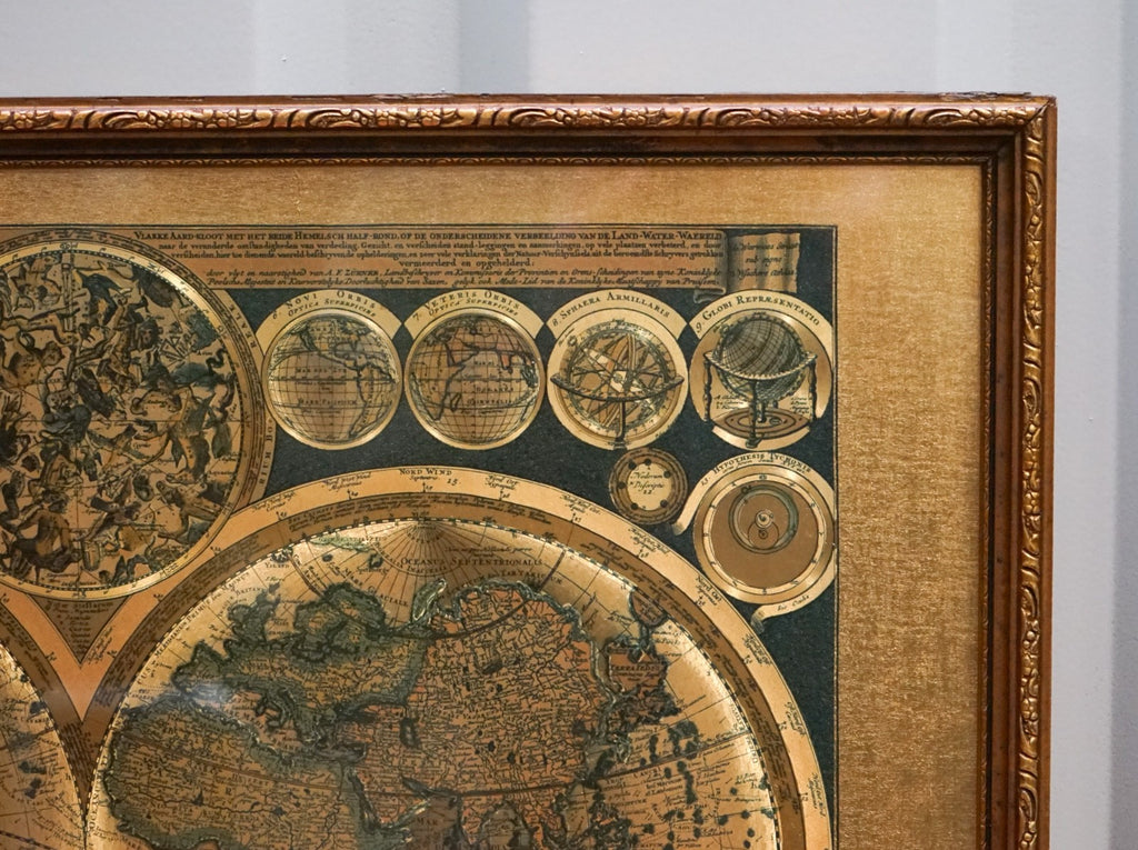 VINTAGE FRAMED PRINT PLANISPHAERIUM TERRESTRE GOLD FOIL MAP WORLD PETER SCHENK