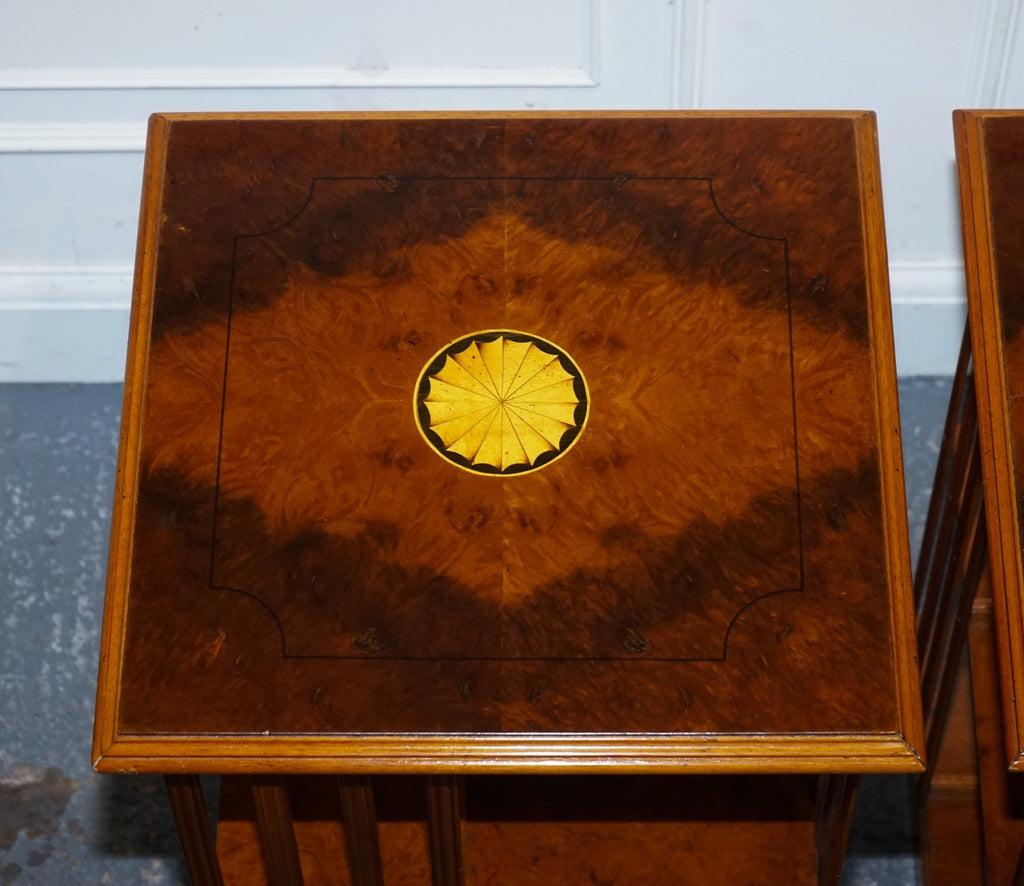 RESTORED PAIR OF ANTIQUE STYLE SHERATON REVIVAL BURR WALNUT BOOKCASES SIDE TABLE
