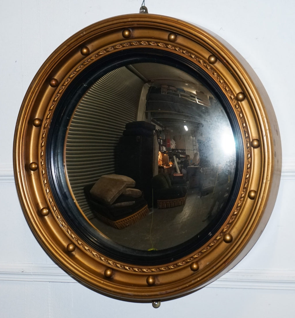 ANTIQUE 1920'S BUTLERS CONVEX BLACK & GOLD GILT WOOD WALL MIRROR
