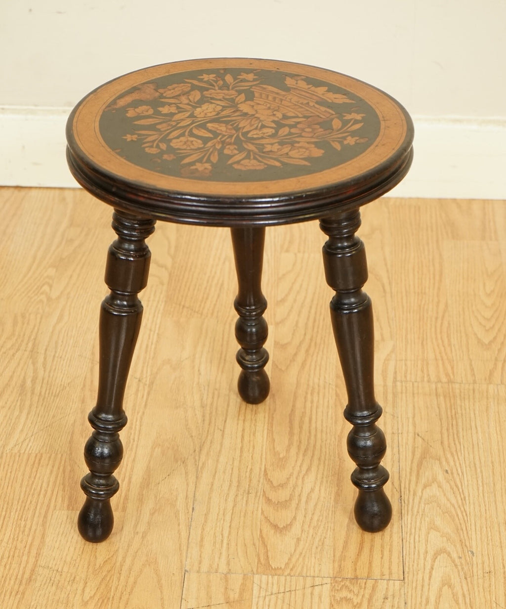 LOVELY DUTCH MARQUETRY LACQUERED STOOL SIDE END TABLE