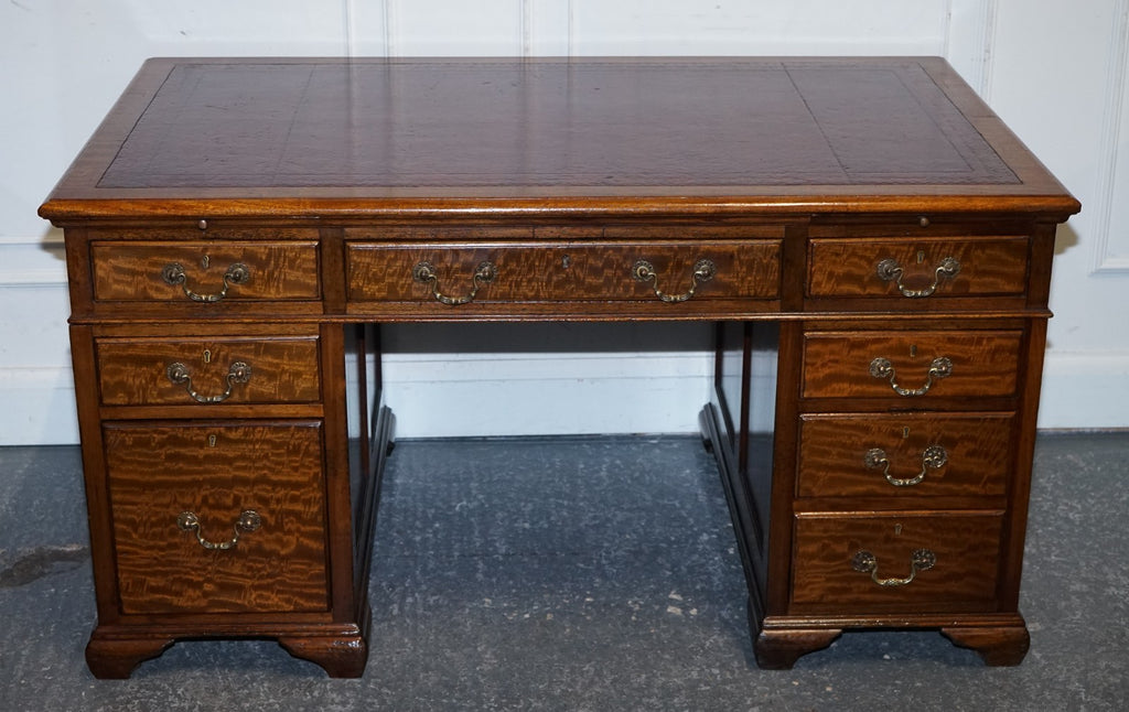 ANTIQUE RESTORED HOBBS & CO LONDON TWIN PEDESTAL DESK HAND DYED RED LEATHER TOP