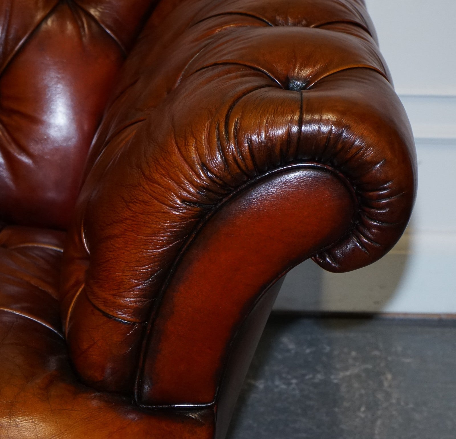 RESTORED HAND DYED LEATHER THREE SEATER CHESTERFIELD TETRAD OSKAR SOFA