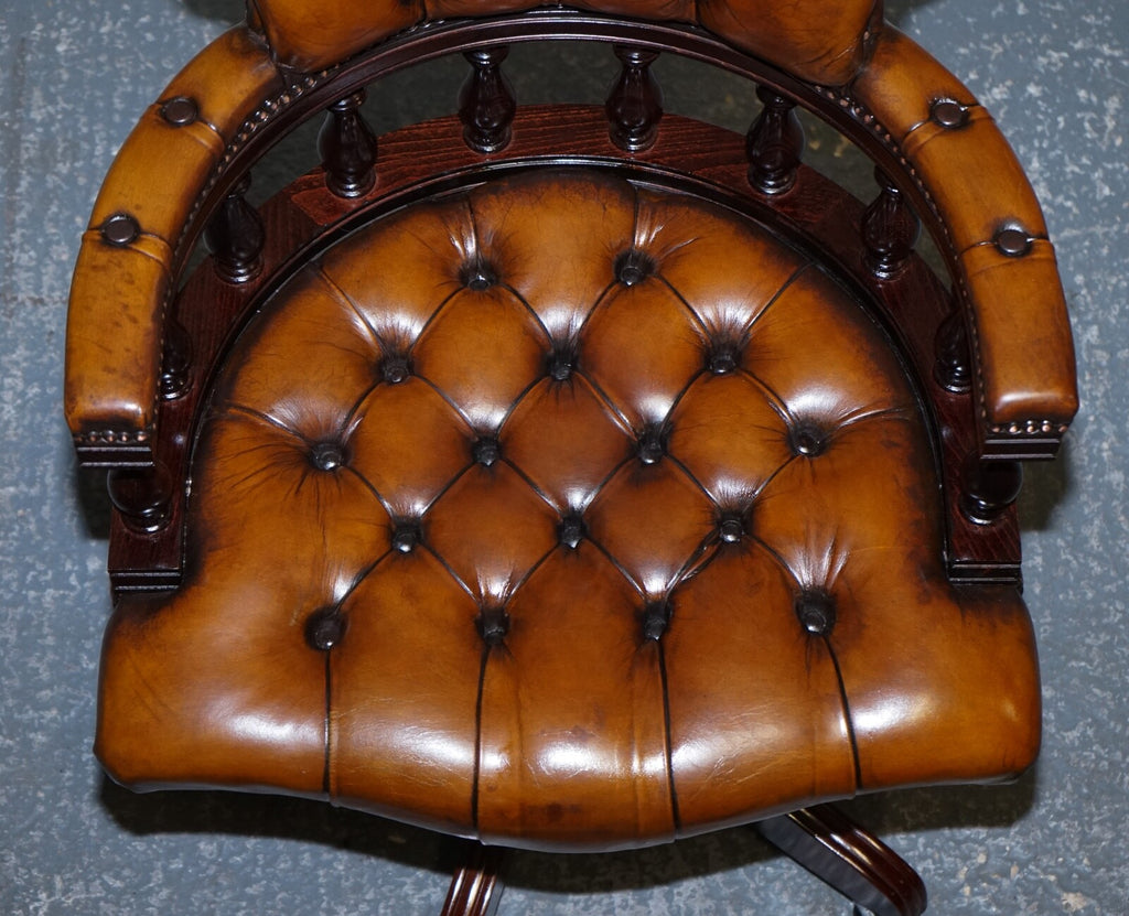 FULLY RESTORED CIGAR BROWN LEATHER CHESTERFIELD CAPTAINS OFFICE SWIVEL ARMCHAIR