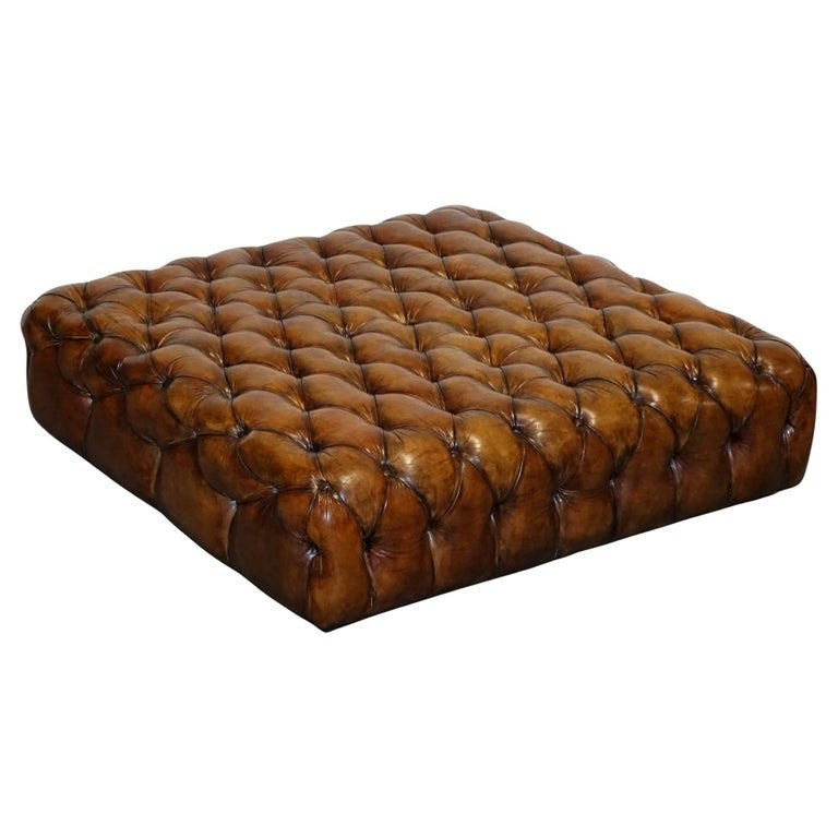 STUNNING LARGE HAND DYED BROWN LEATHER CHESTERFIELD FOOTSTOOL OTTOMAN
