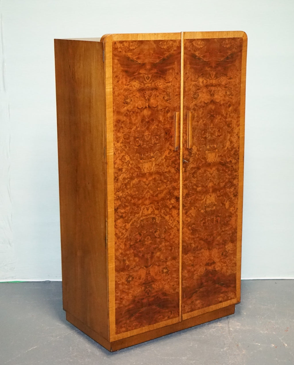 1930s PETITE VINTAGE ENGLISH ART DECO BURR WALNUT DOUBLE WARDROBE LINEN PRESS