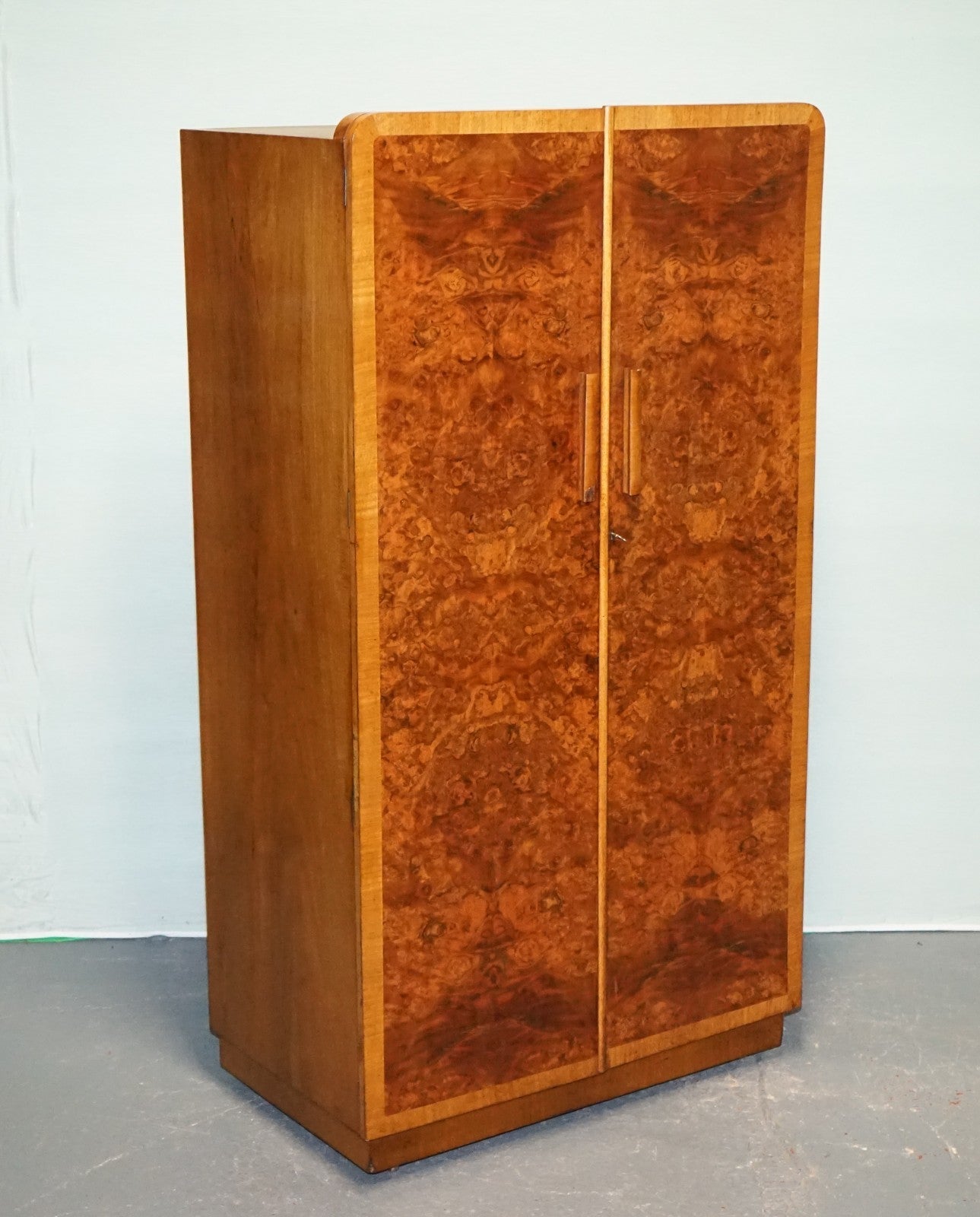 1930s PETITE VINTAGE ENGLISH ART DECO BURR WALNUT DOUBLE WARDROBE LINEN PRESS