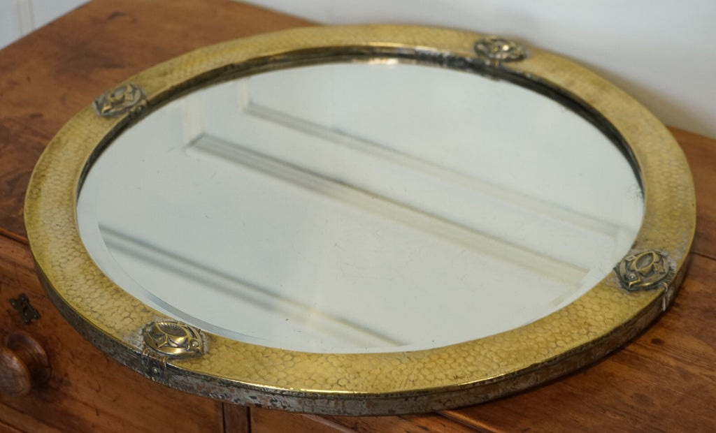 ARTS & CRAFTS LIBERTYS OF LONDON HAMMERED BRASS WALL MIRROR CIRCA 1910