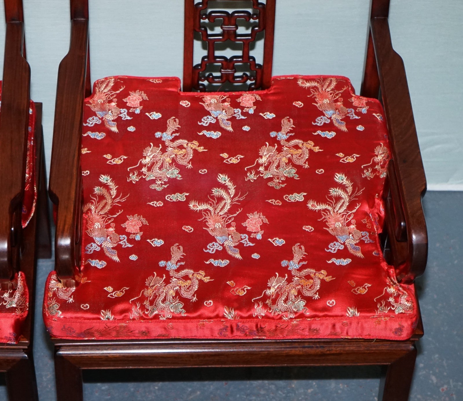 PAIR VINTAGE ORIENTAL CHINESE HARD WOOD CARVER ARMCHAIRS WITH CUSHIONS