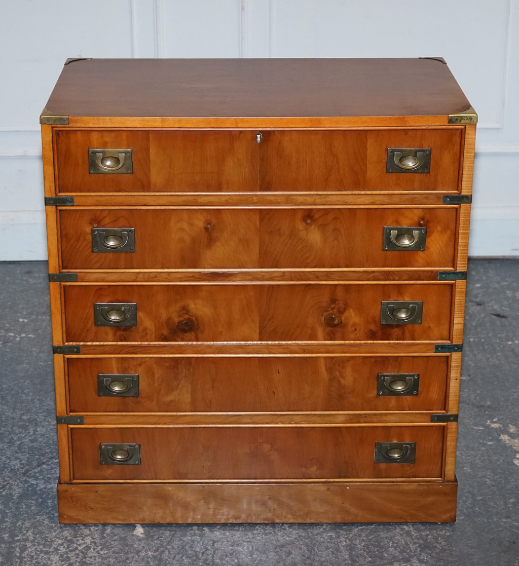VINTAGE MILITARY CAMPAIGN YEW WOOD SECRETARY CHEST OF DRAWERS WiTH BRASS HANDLES