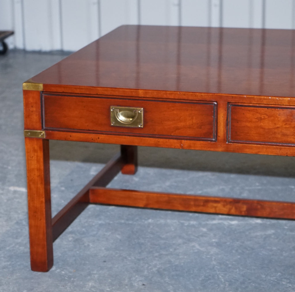 LARGE MILITARY CAMPAIGN REH KENNEDY HARRODS COFFEE TABLE WITH THREE DEEP DRAWERS