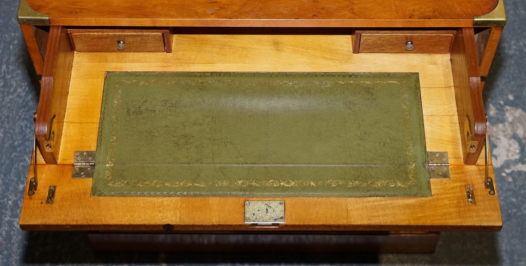 VINTAGE MILITARY CAMPAIGN YEW WOOD SECRETARY CHEST OF DRAWERS WiTH BRASS HANDLES