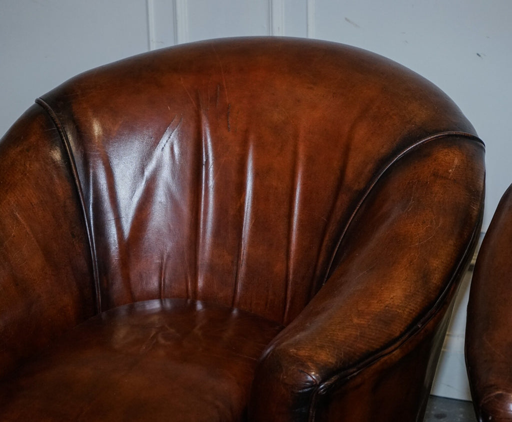 1920'S ART DECO RESTORED HAND DYED WHISKEY BROWN SUITE SOFA ARMCHAIRS FOOTSTOOLS