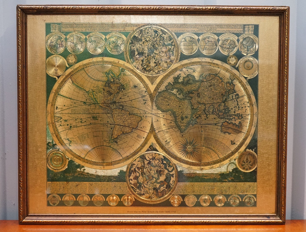 VINTAGE FRAMED PRINT PLANISPHAERIUM TERRESTRE GOLD FOIL MAP WORLD PETER SCHENK