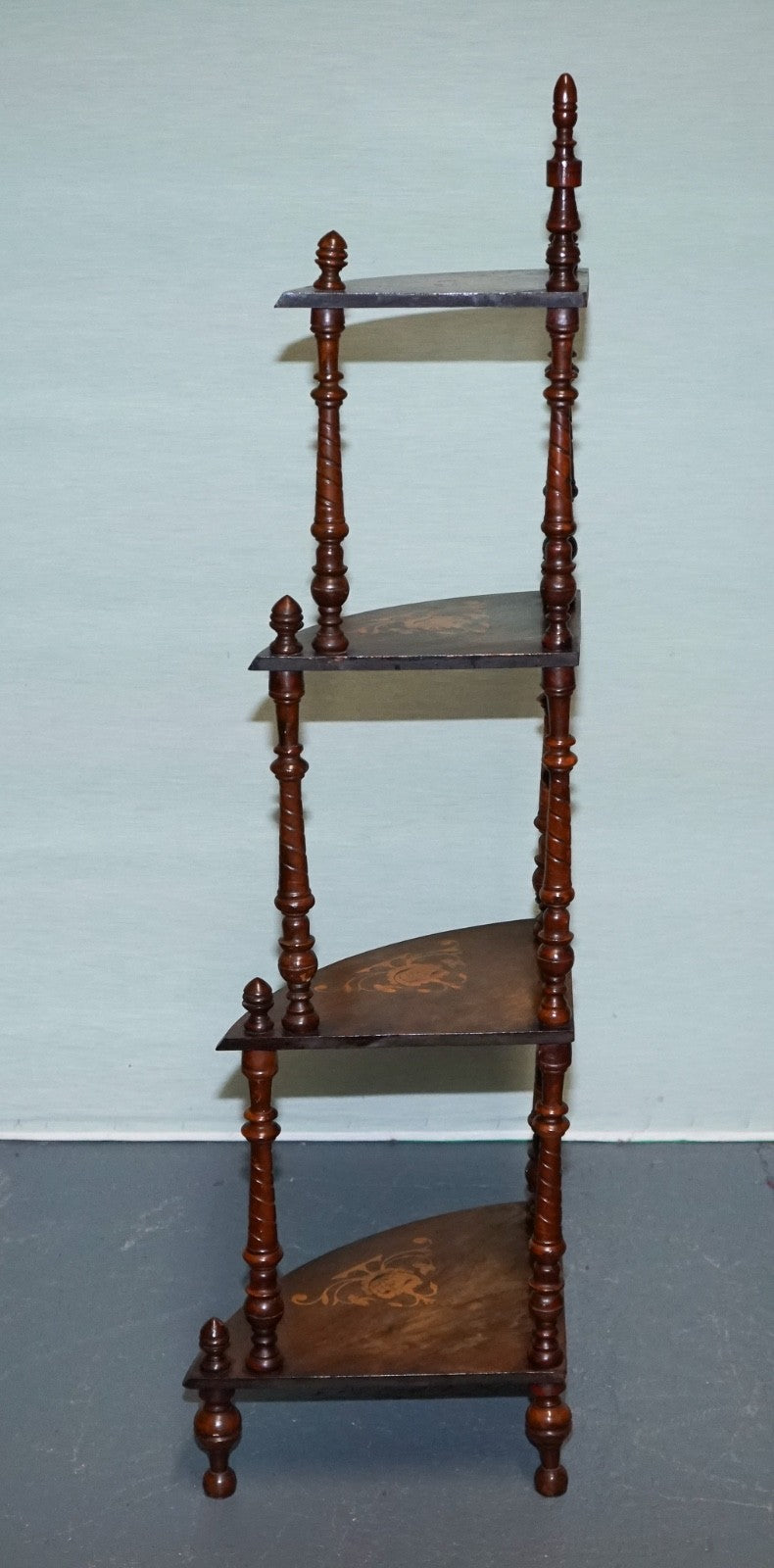 1920s VICTORIAN INLAID HARDWOOD CORNER ETAGERE 4 TIER DiSPLAY STAND
