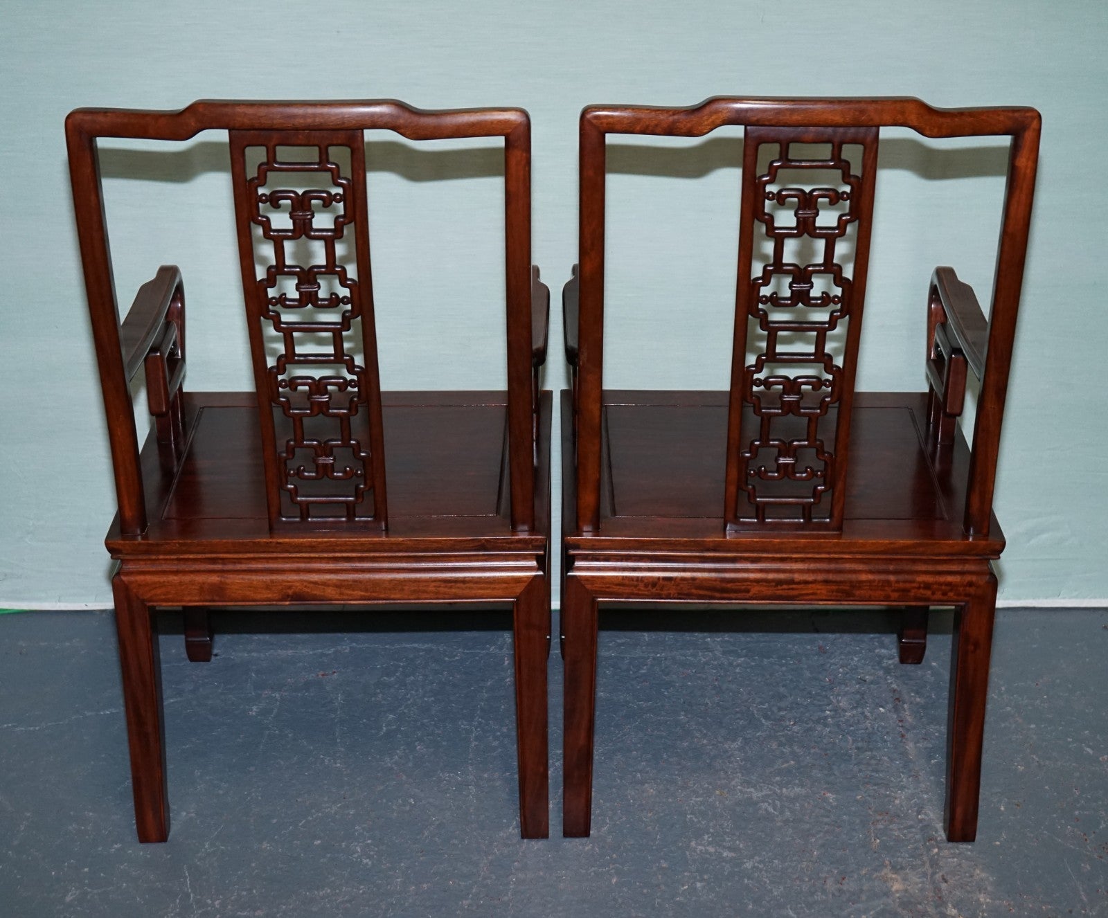 PAIR VINTAGE ORIENTAL CHINESE HARD WOOD CARVER ARMCHAIRS WITH CUSHIONS