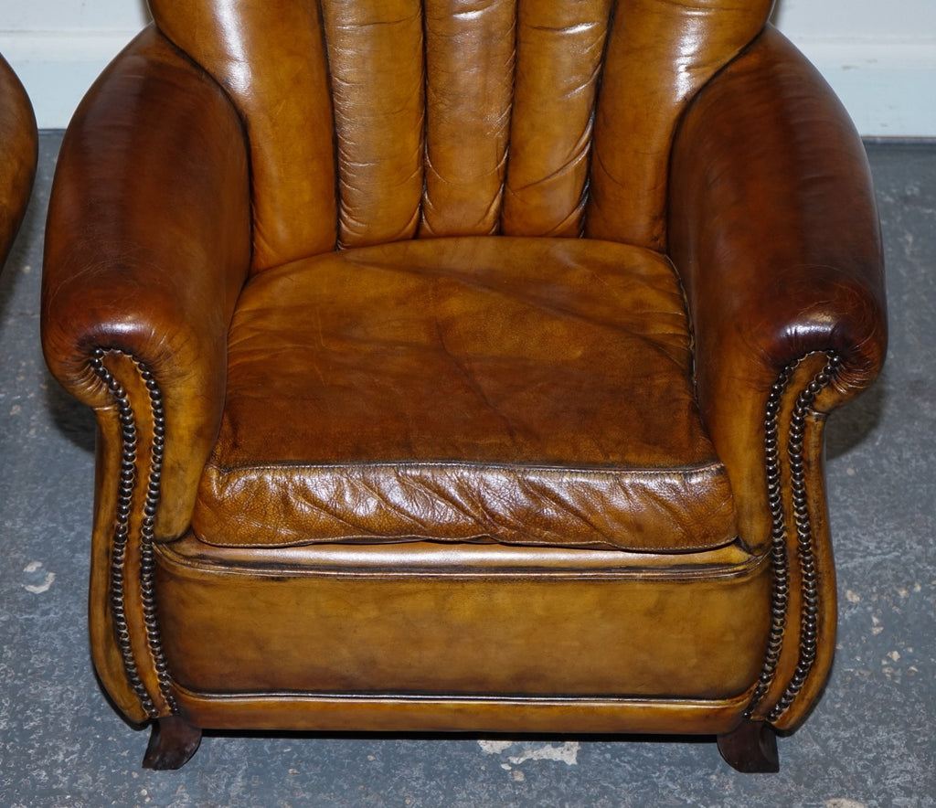 VINTAGE PAIR OF ART DECO STYLE HAND DYED LEATHER SHELL ARM CHAIRS