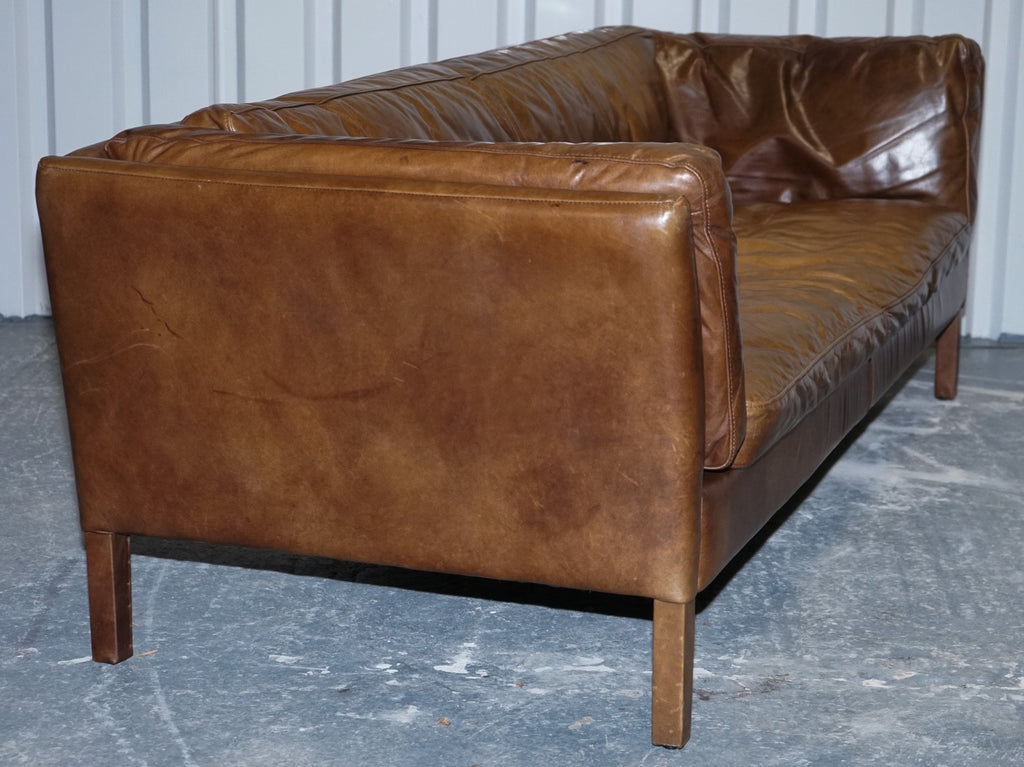 LARGE COMFORTABLE HALO GROUCHO BROWN LEATHER THREE SEATER SOFA
