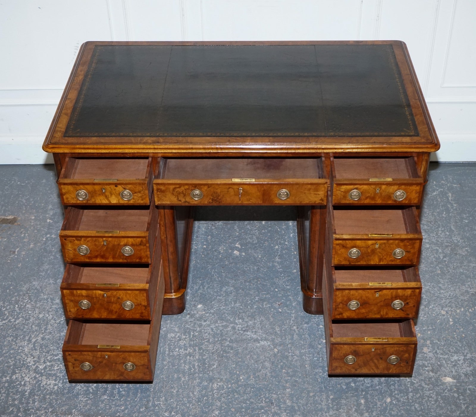 IMPORTANT ROYAL DRUCE & CO LONDON 1840's RESTORED BURR WALNUT TWIN PEDESTAL DESK