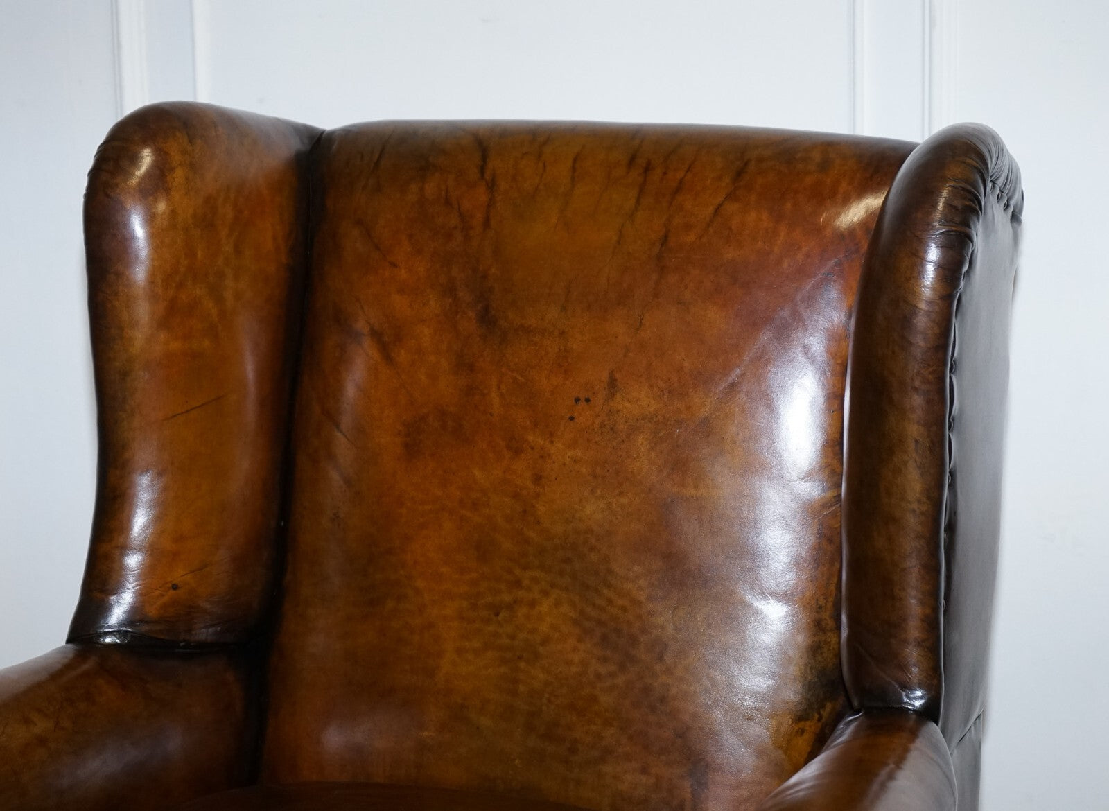 STUNNING EARLY VICTORIAN HAND DYED BROWN LEATHER READING LOUNGE ARMCHAIR
