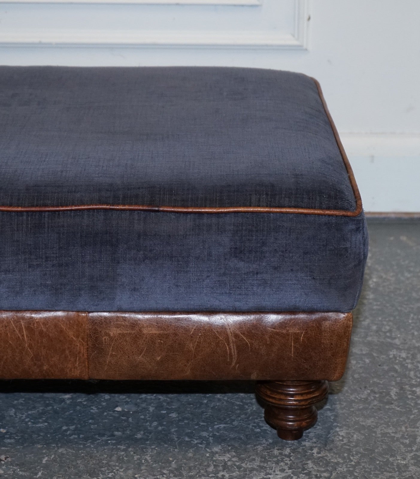 LARGE TETRAD CONSTABLE OTTOMAN RECTANGULAR FOOTSTOOL BLUE FABRIC & LEATHER BASE