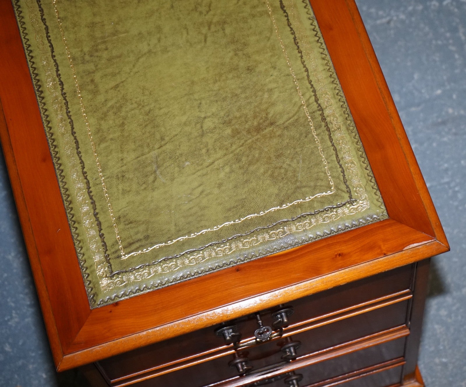 VINTAGE YEW WOOD FILLING CABINET WITH GREEN LEATHER TOP AND TWO DRAWERS