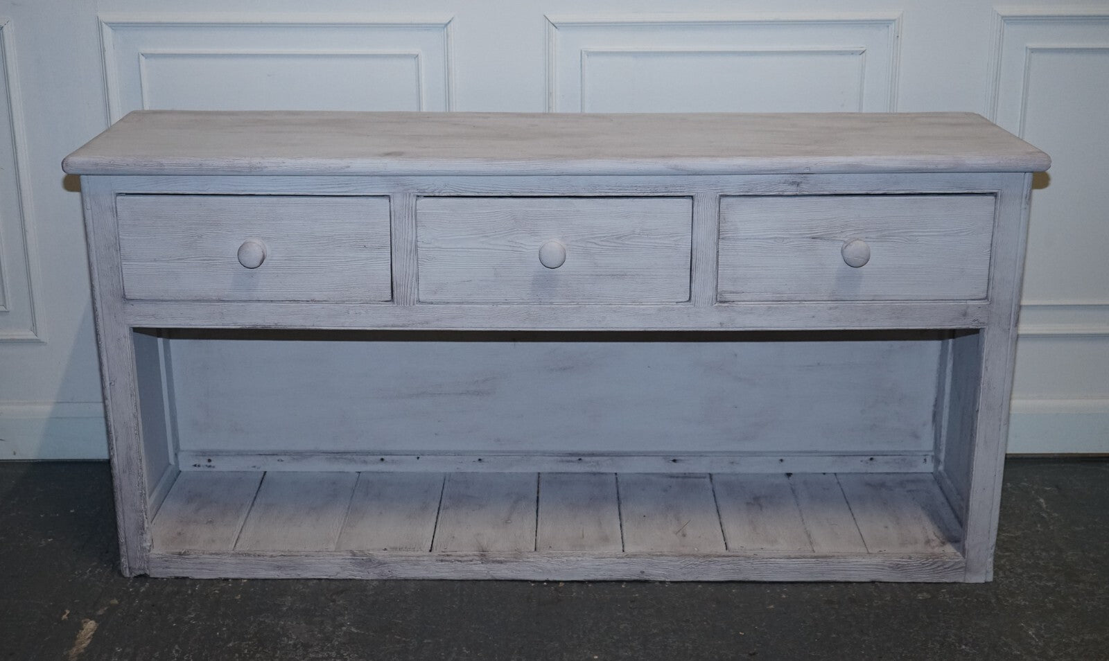ANTIQUE HAND PAINTED ENGLISH PINE FARMHOUSE SIDEBOARD WITH THREE DRAWERS