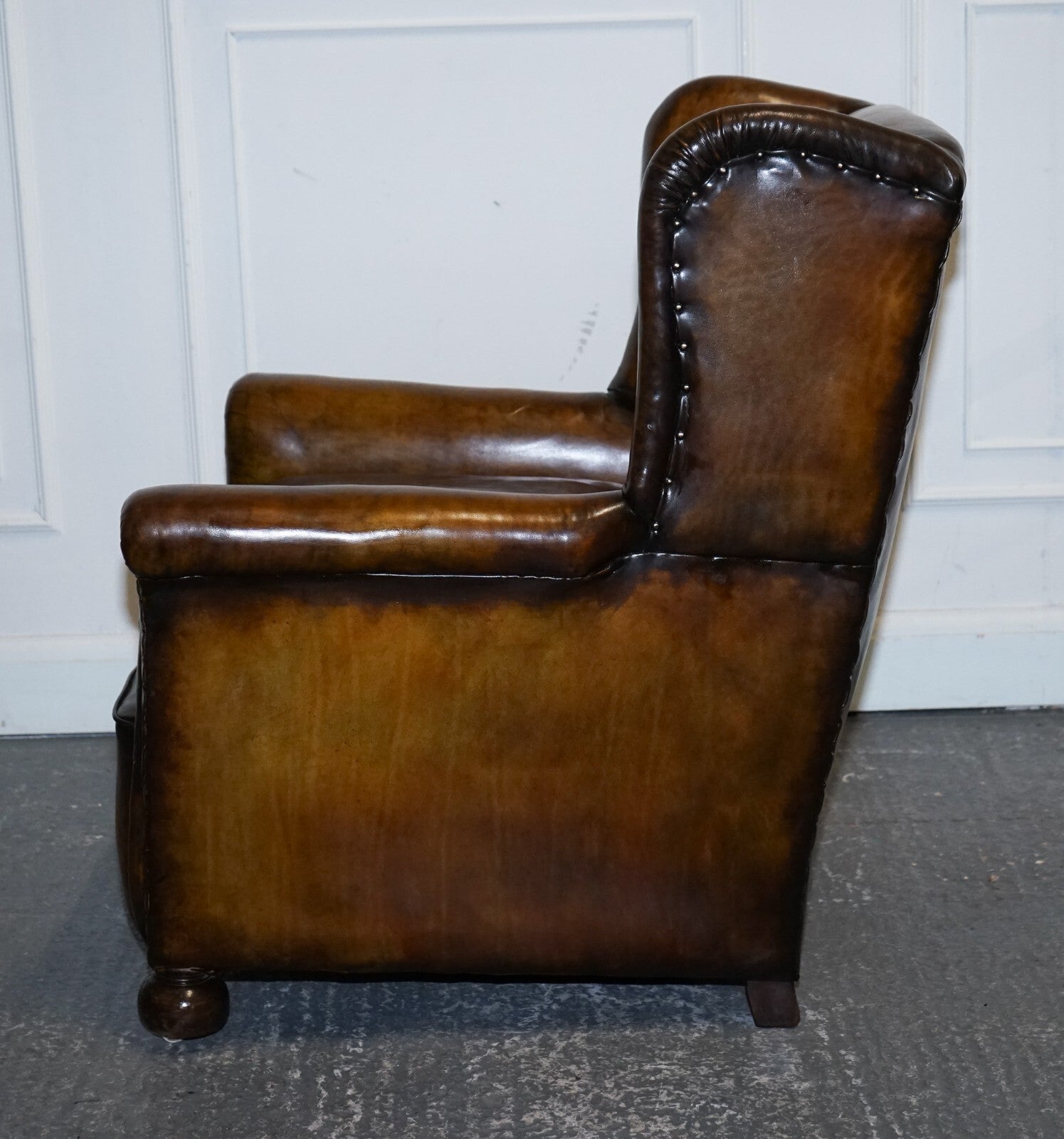 STUNNING EARLY VICTORIAN HAND DYED BROWN LEATHER READING LOUNGE ARMCHAIR