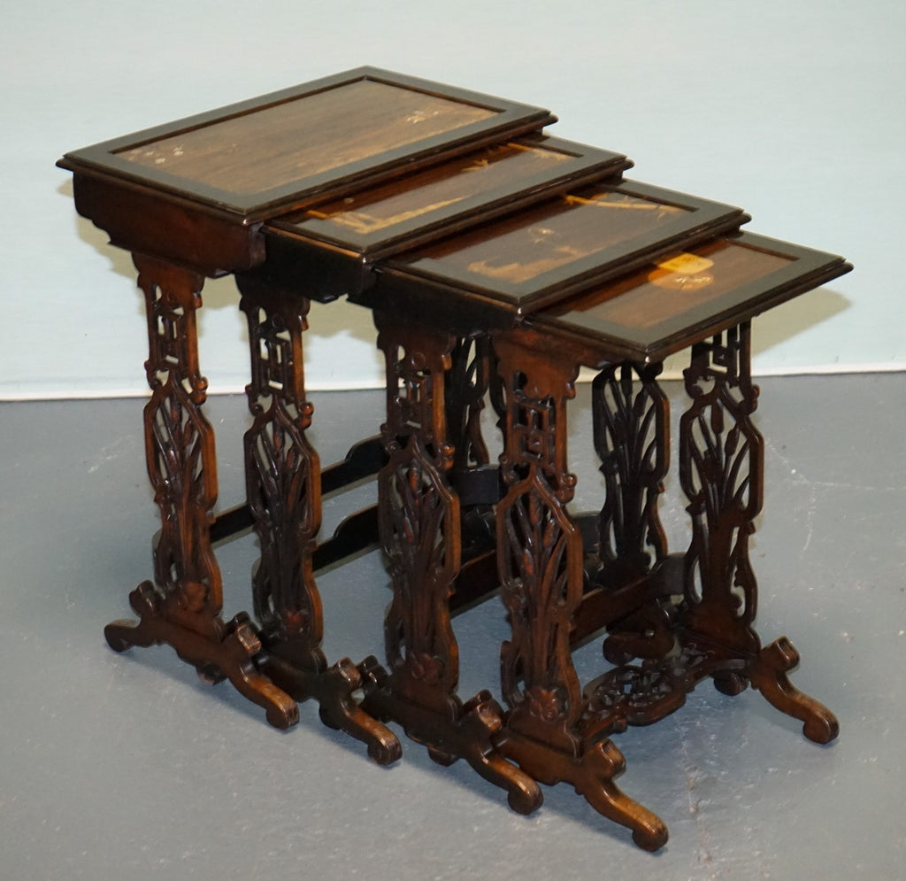 ART NOUVEAU CHINESE EXPORT NESTING TABLES PIERCED FRETWORK BONE & ABALONE C 1900