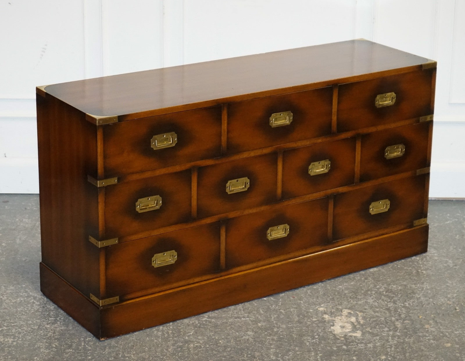 VINTAGE JANSEN OF LONDON MILITARY CAMPAIGN BRASS SIDEBOARD CHEST OF DRAWERS
